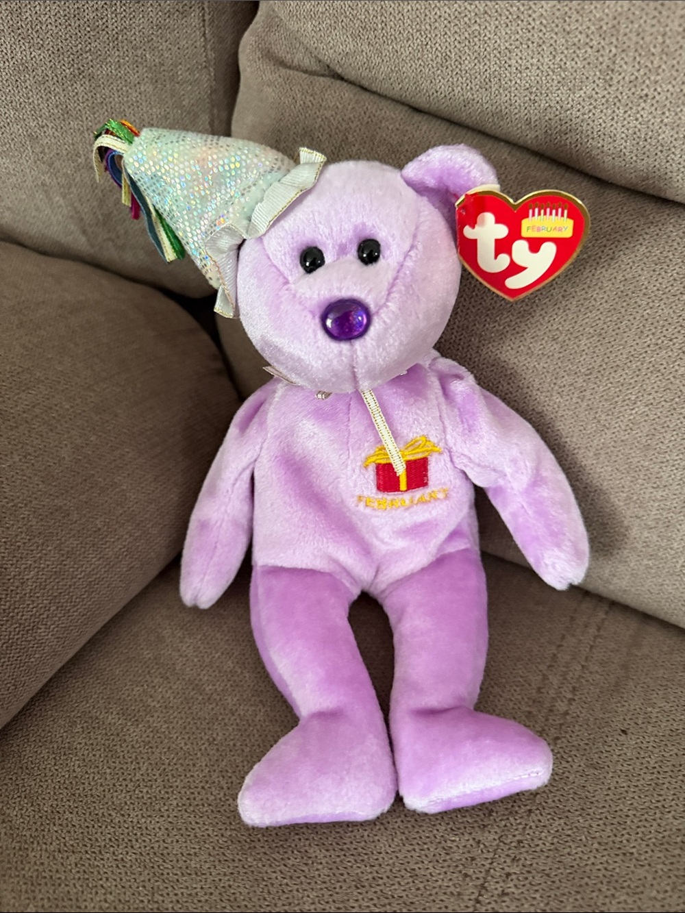 Ty Purple Birthday Bear with Party Hat Plush